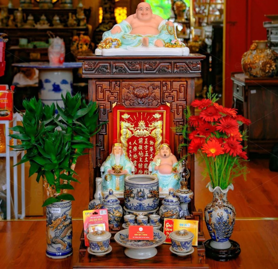 Bộ Bàn Thờ Thần Tài Mái Bằng Đồ Thờ Xanh Rồng